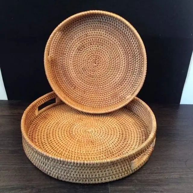Handmade Round Rattan Tray Wicker Tray With Handles For Fruit Breakfast Eco-friendly Handicraft Items +84947900124