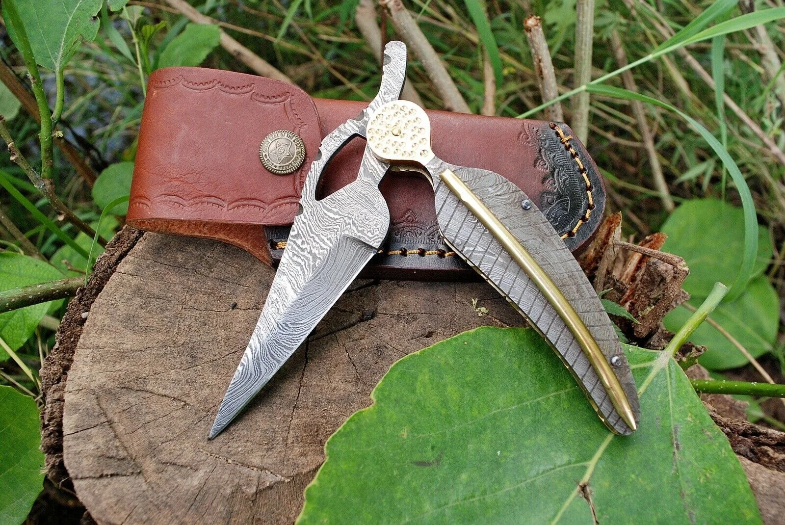 Wholesale Hot Selling Full Damascus Steel Folding Knife Outdoor Pocket Knife With Leather Sheath