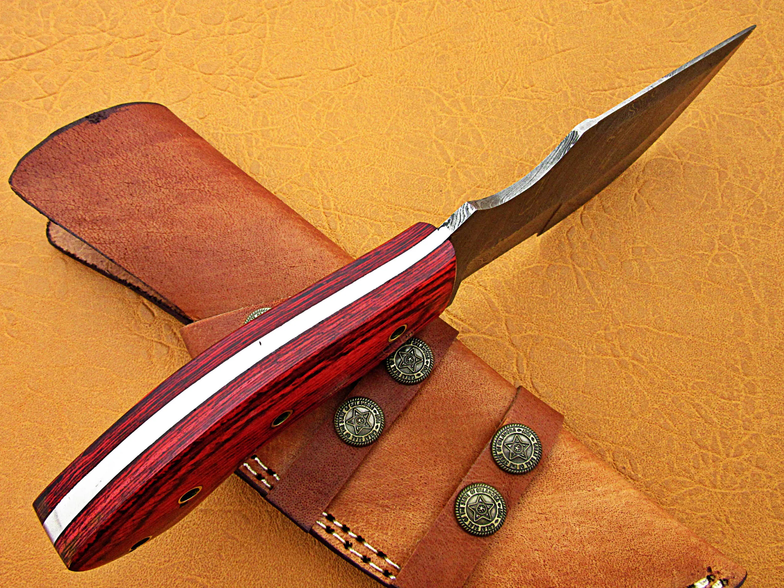 100% Top High Quality Damascus Steel Tracker knife/ Camping survival knife wood handle with pure Leather Sheath  SCW-TK-0017
