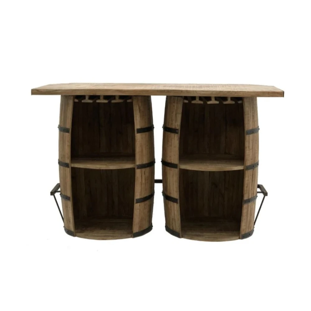 Solid Wood 2 Barrel Metal Footrest Shelf Antique Home Bar Cabinets Wine Living Room Hotel Pub Farmhouse Bathroom Hall