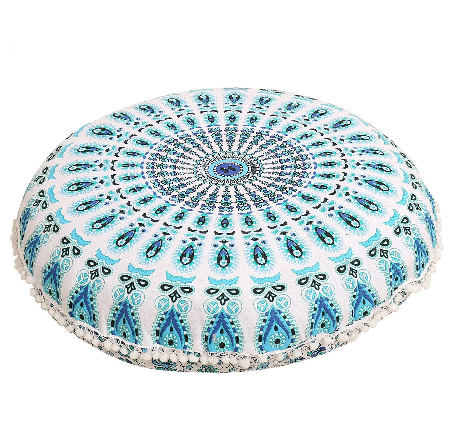 Ethnic Pouffe Mandala Floor Cushion Round Cover Ottoman Pouf White Cotton Fabric Multiple Color