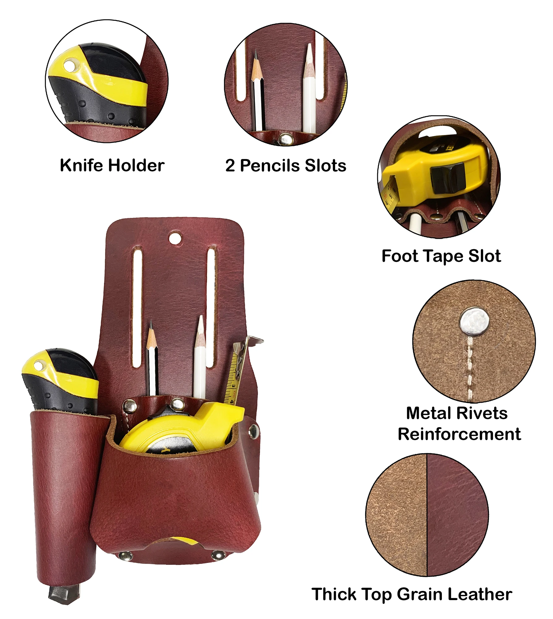 Top Grain Leather Tool Belt Tape Measure Holder Folding Retro Pocket Knife Holster Cell Phone Case Heavy-Duty Pouch Organizer