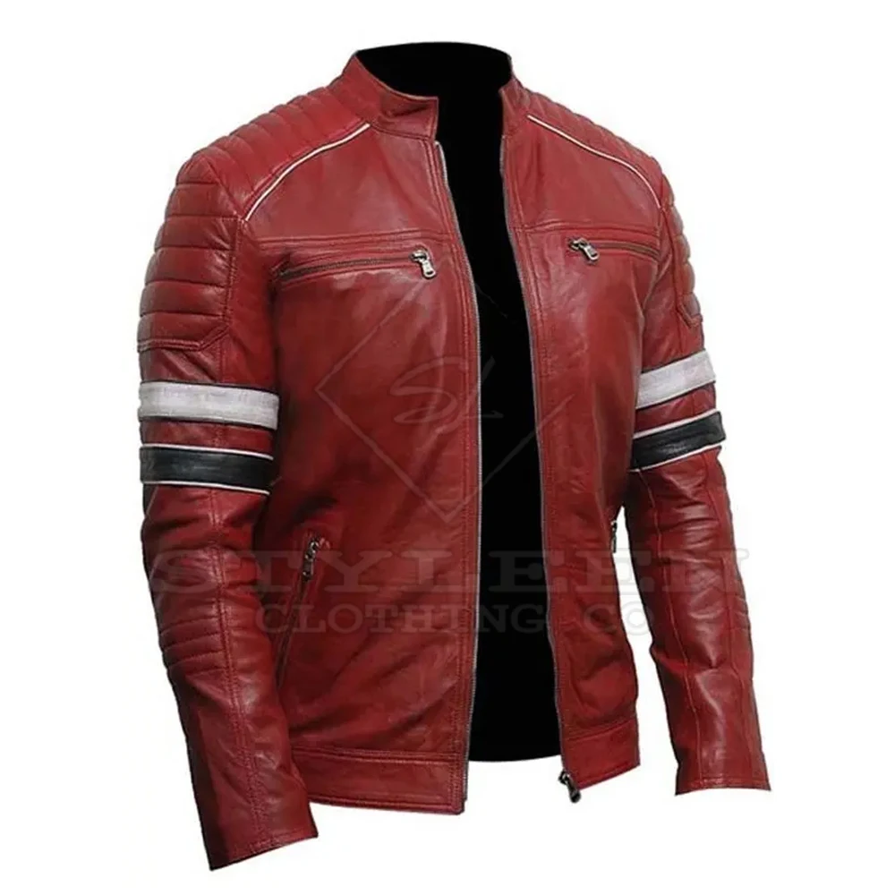 Wholesale Multi side pockets faux leather Zipper Black Collar Men Leather Jacket