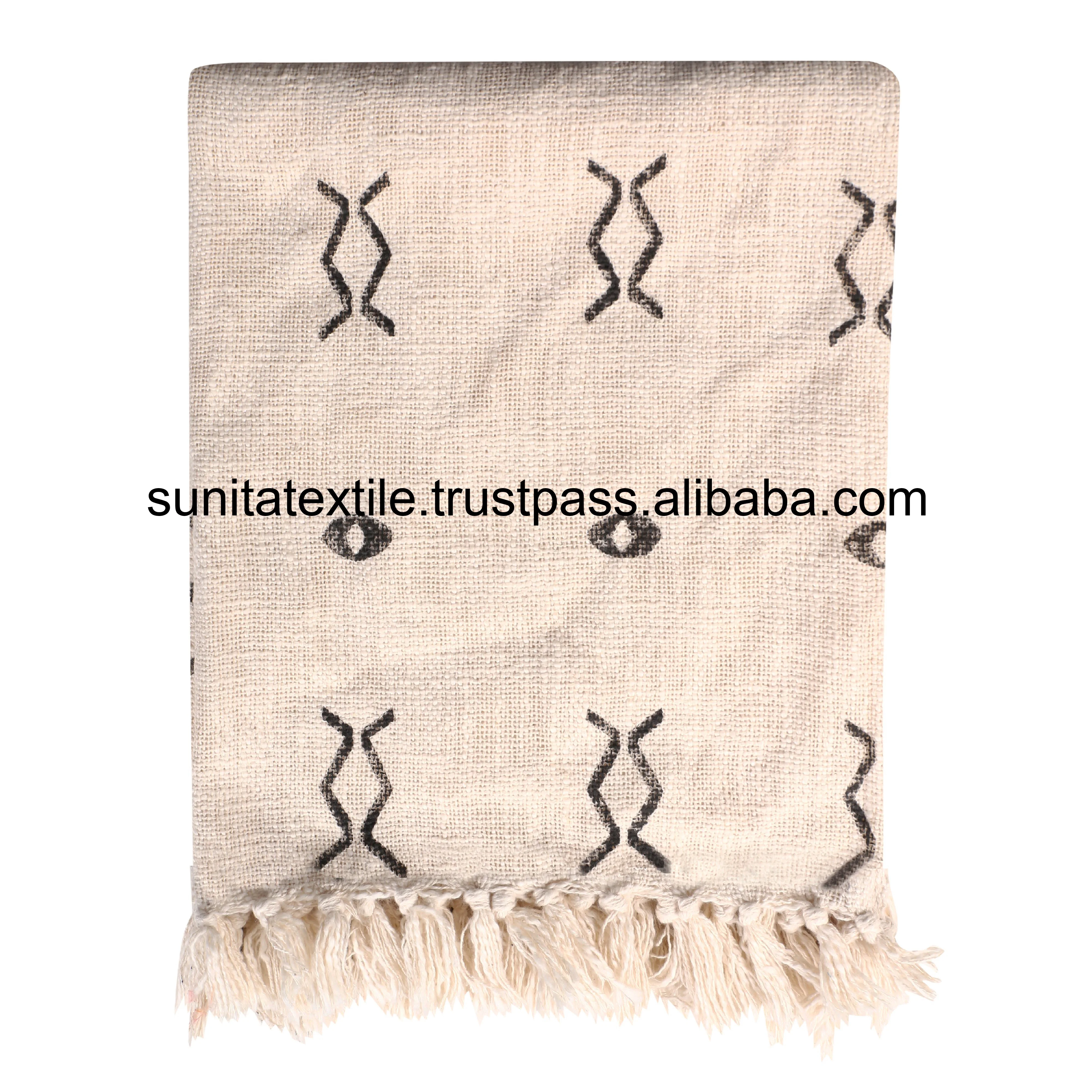 Factory Price Indian Handmade 100% Organic Cotton Hand Block Printed Mud Cloth Beige Throw Bedding Bedspread Gift Woven Blanket