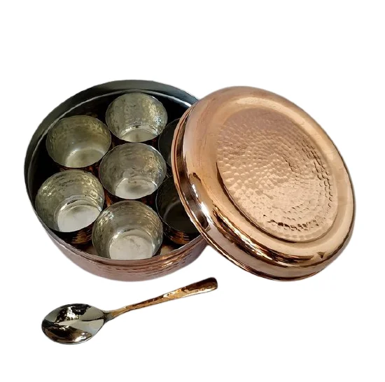 Bulk Stainless Steel Rose Gold Polished Hammered Masala Spice Box With Spoon And Seven Jar Container Box