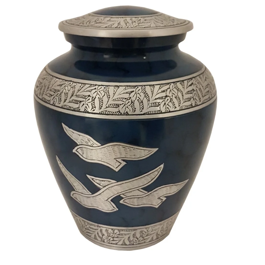 Dark blue & black color aluminium metal cremation small size  engraved flower climbing funeral urns  designs for keepsake ashes