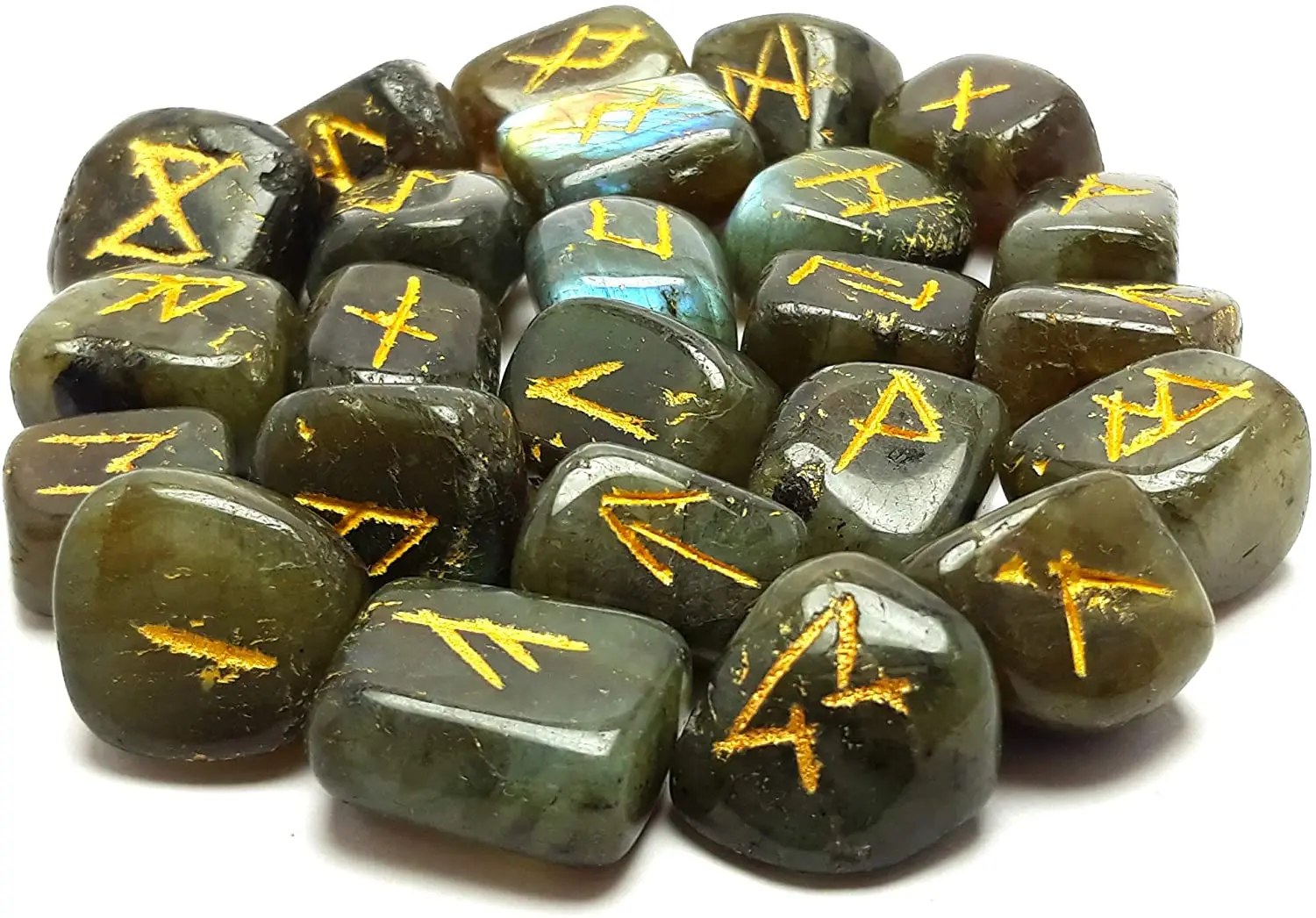 Natural labradorite engraved Runes Crystal Rune Stones Set Viking Elder futhark Divination Runic Symbols