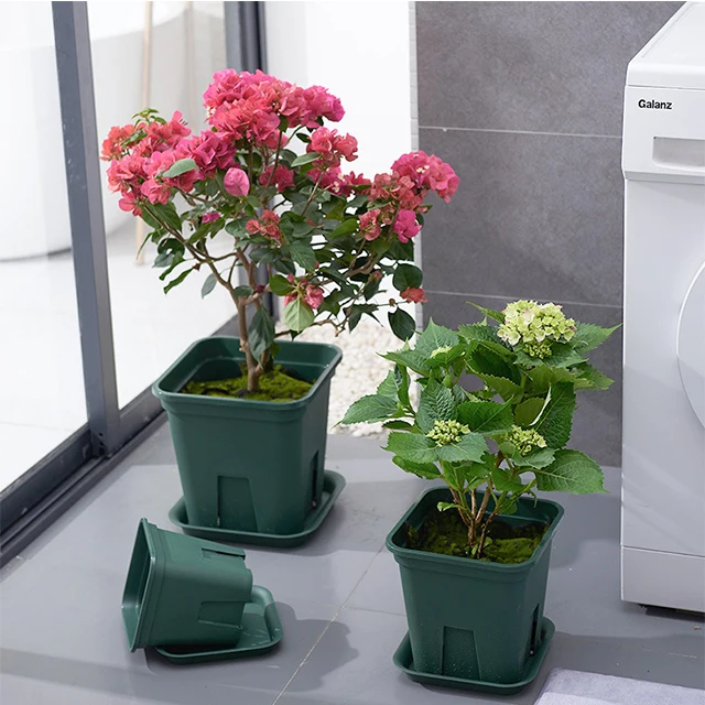 Factory Wholesale Permeable Indoor Outdoor Square Plastic Pots with Tray Green Plastic Pots for Plants Flowers