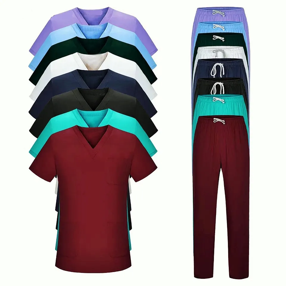 
2021 Hot Sell Multiple Colors Unisex Short-Sleeved Split Work Scrub Uniforms Sets 