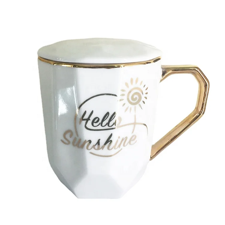 Custom printing gold logo WHITE ceramic mug coffee cup with LID,gold handle,gold top