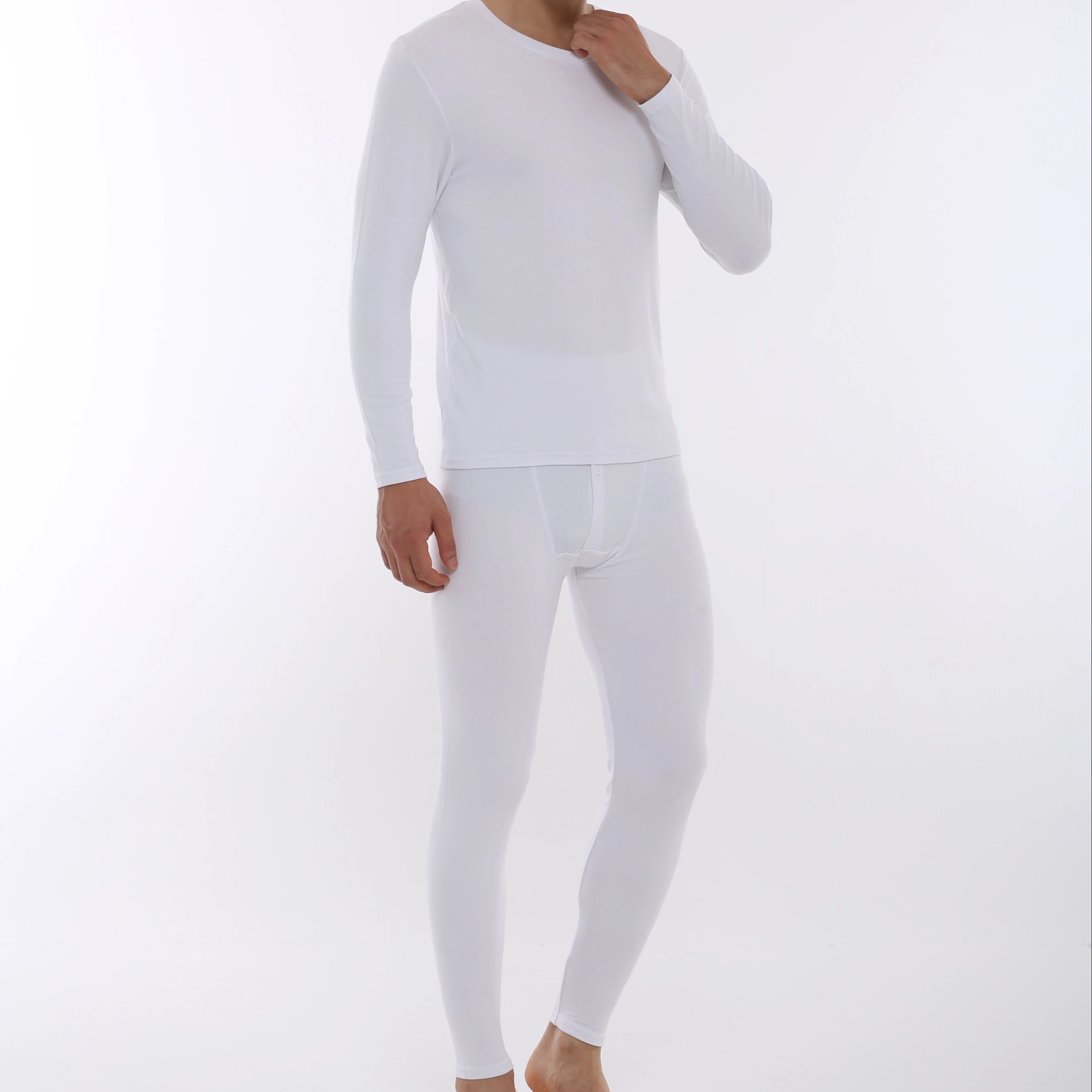 Modal V-neck Cozy Cotton Long Sleeve Shirts Underwear Set Lingerie Set Long Johns Men Viscose Fiber & Spandex White