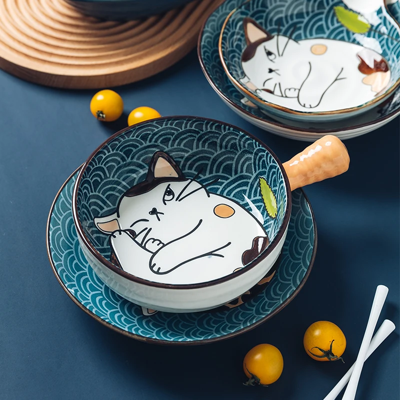 Jade-cer Cartoon Cat Japanese Design Dinnerware Set Dishes & Plates Porcelain Plates Ceramic Baby Bowl Soup Bowl