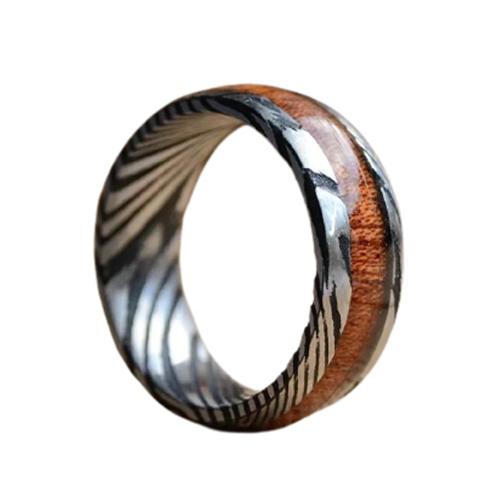 Мужской обручальный браслет 8 мм с инкрустацией из дерева КОА и кольцом с узором из дамасской стали