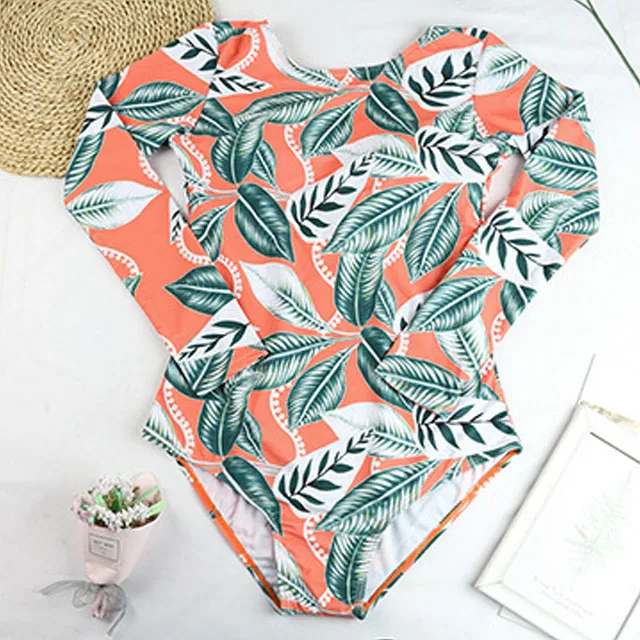 Beach Wear Sports swimwear & beachwear One Piece Long Sleeves Printed Backless Rash Guard Swimsuit Women Swimwear beachwear