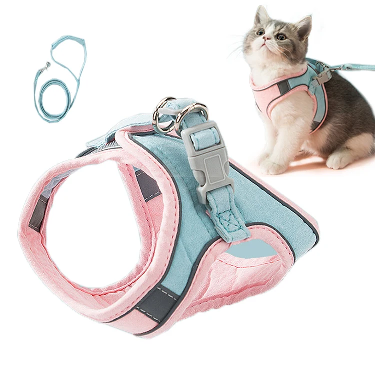 Adjustable Escape Proof Breathable Soft Suede Reflective Pet Lead Kitten Vest Cat Leash and Harness Set for Walking