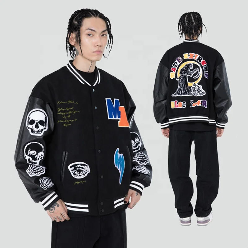 Fashion  Leather Varsity Jacket Oem Custom Baseball Jacket Chenille Embroidery Men Baseball Jacket Letters Patches