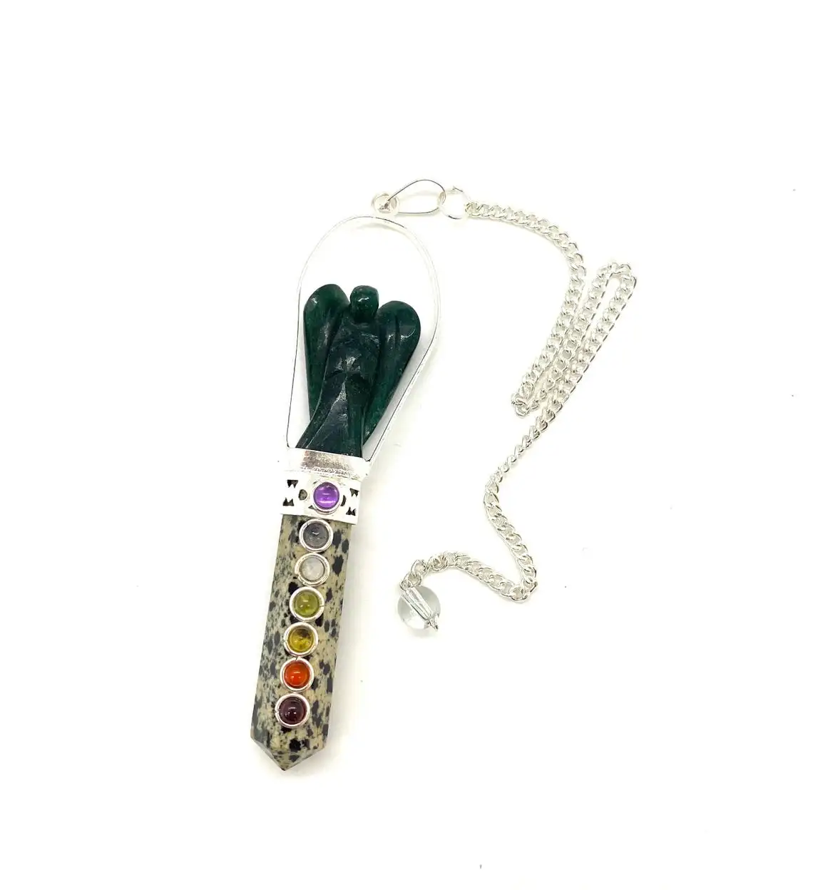 Wholesale dalmatian 7 chakra pencil dark green jade angel pendant pendulum healing crystal stone crystal jewelry