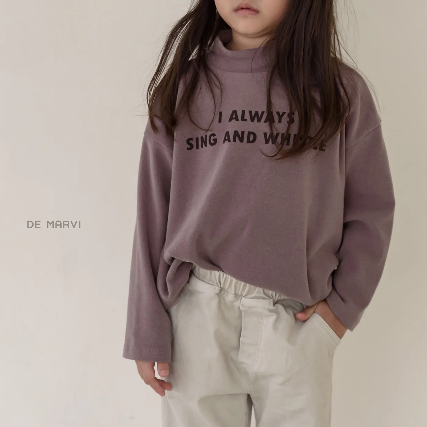 DE MARVI Toddler Kids Fleece Lettering Semi Turtleneck T-shirts Boys Girls Wear Korean Manufacturer MADE IN KOREA