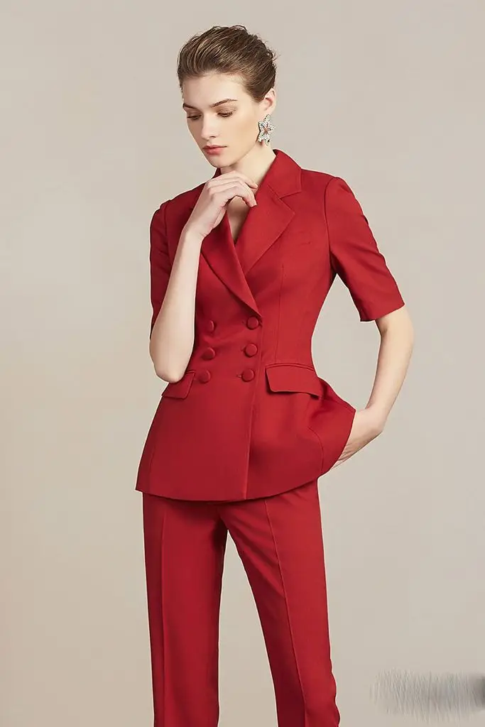 Trendy Lady Suit Set Formal Fashion For Business Girls Red Color Short Sleeves Two Piece Pants Set Women