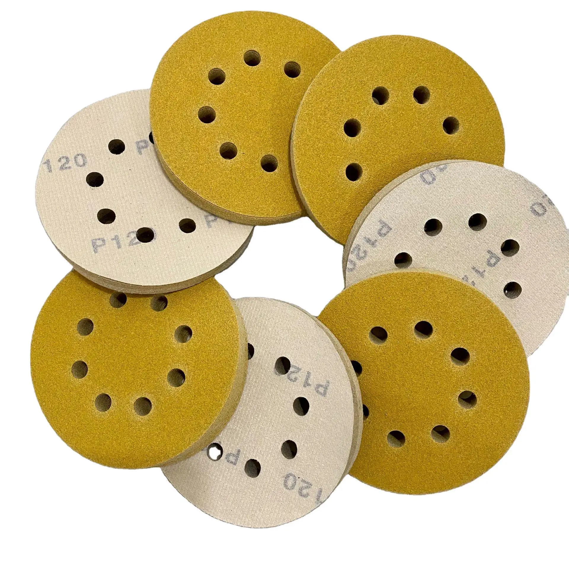 China manufacture konaflex-golden yellow  5inch(125mm)with 8 dust holes hook&loop sanding disc