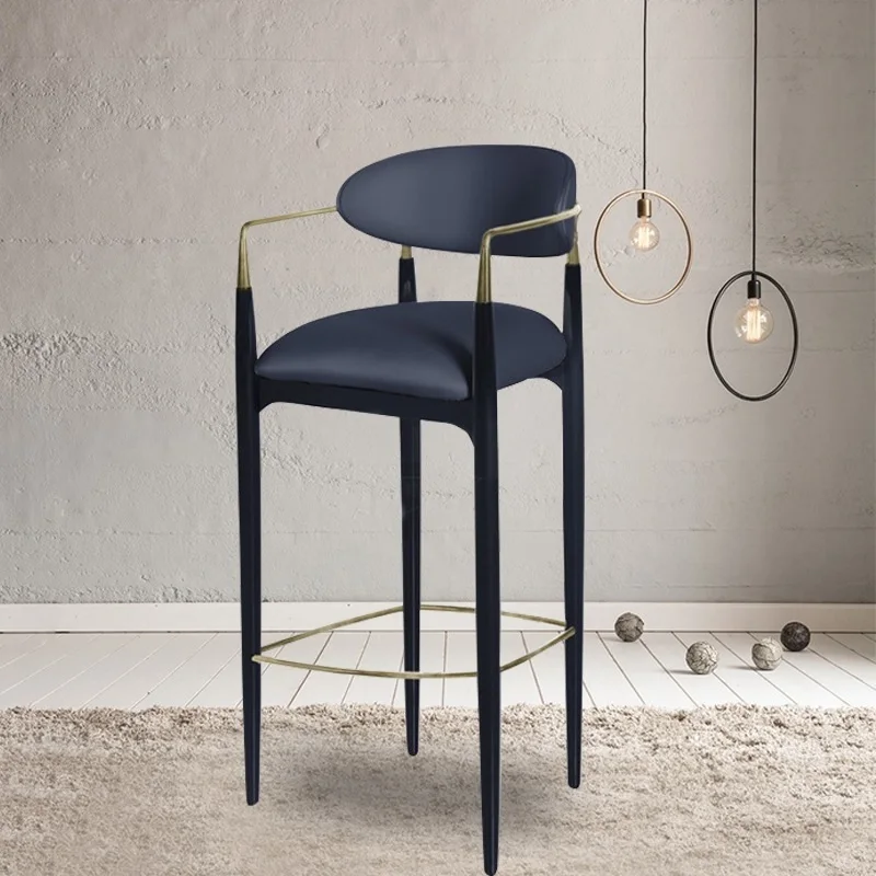 China Aluminum Gold Plated Armrest Fabric Black Frame Upholstery Metal Legs Dark Blue Bar Regular Bar Stools