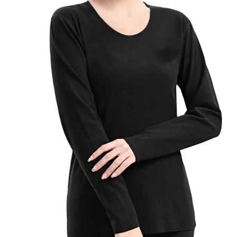 
Women Thermal Flexible Cozy Round Neck Double-face Fleece Underwear Set Loungewear With Long Sleeve Shirt and Pants Black 