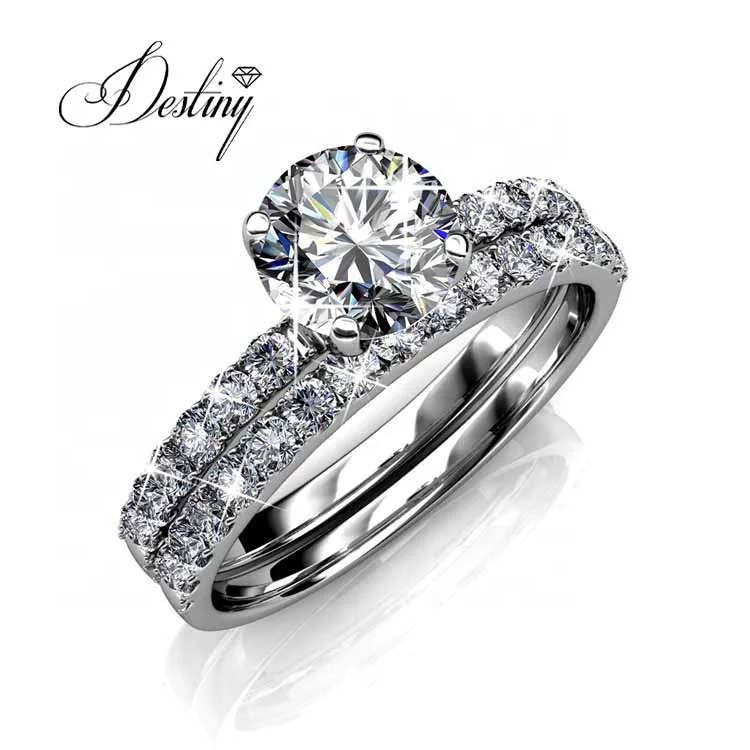 Sterling Silver 925 Premium Austrian Crystal Jewelry Wedding Engagement 2 In 1 Solitaire Ring Set For Women Destiny Jewellery