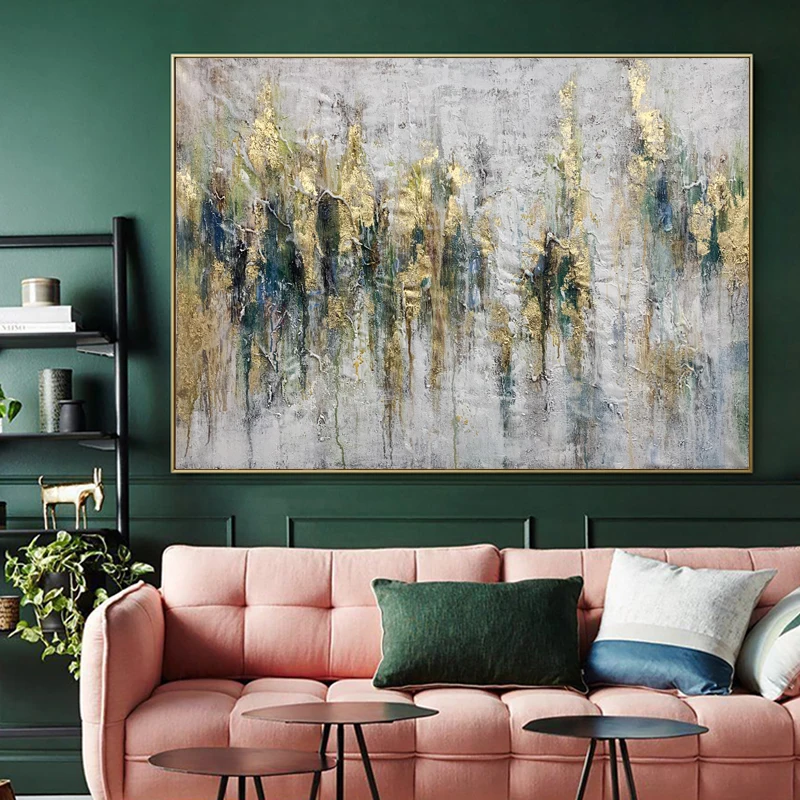  Темно-зеленая Настенная картина для домашнего декора масляная роспись 100% ручной работы абстрактная Большая Золотая холст современный Размер подарок