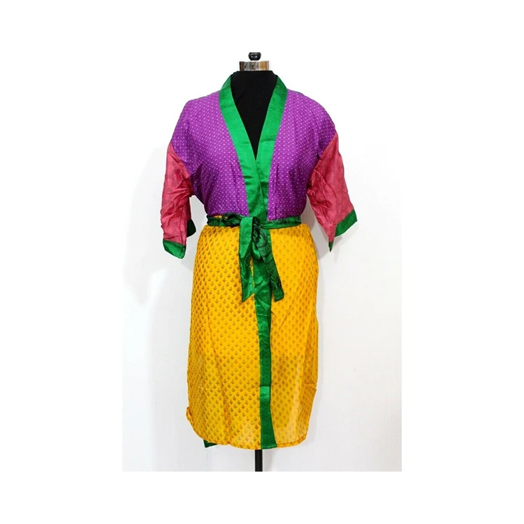 Women Pure Silk Sari Printed Kimono Summer Wear Long Maxi Dress Beach Cover Up Shrug Gypsy Kimono Robe Handmade Women Kimono