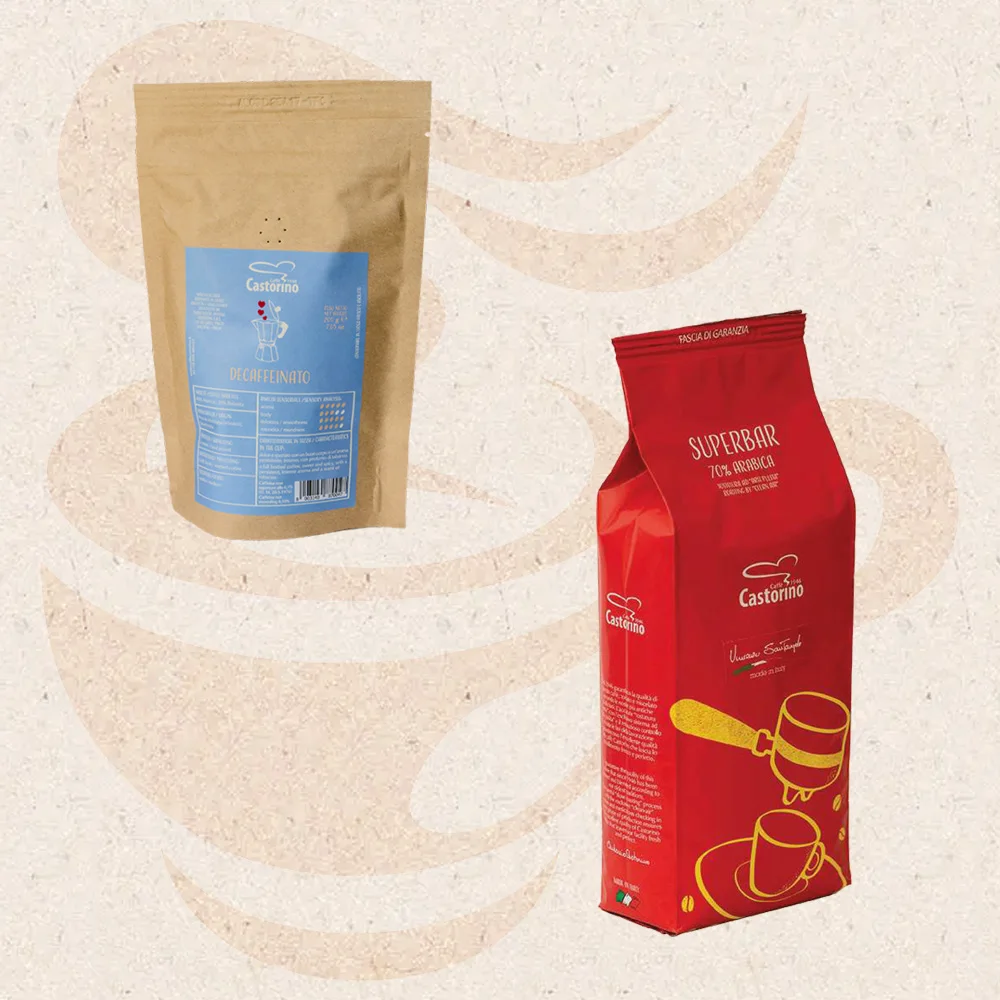 Premium quality Castorino Italian Whole Bean Coffee 1 kg DECAFFEINATED and 1 kg SUPERBAR in Doypack for home / HO.RE.CA.