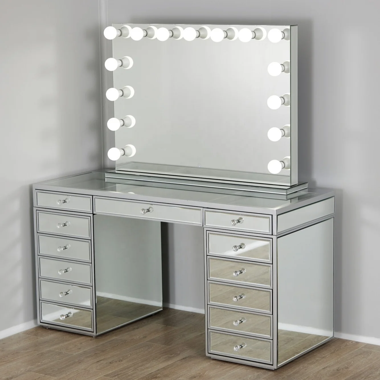 Accent floating crystal mirrored dresser set with drawer