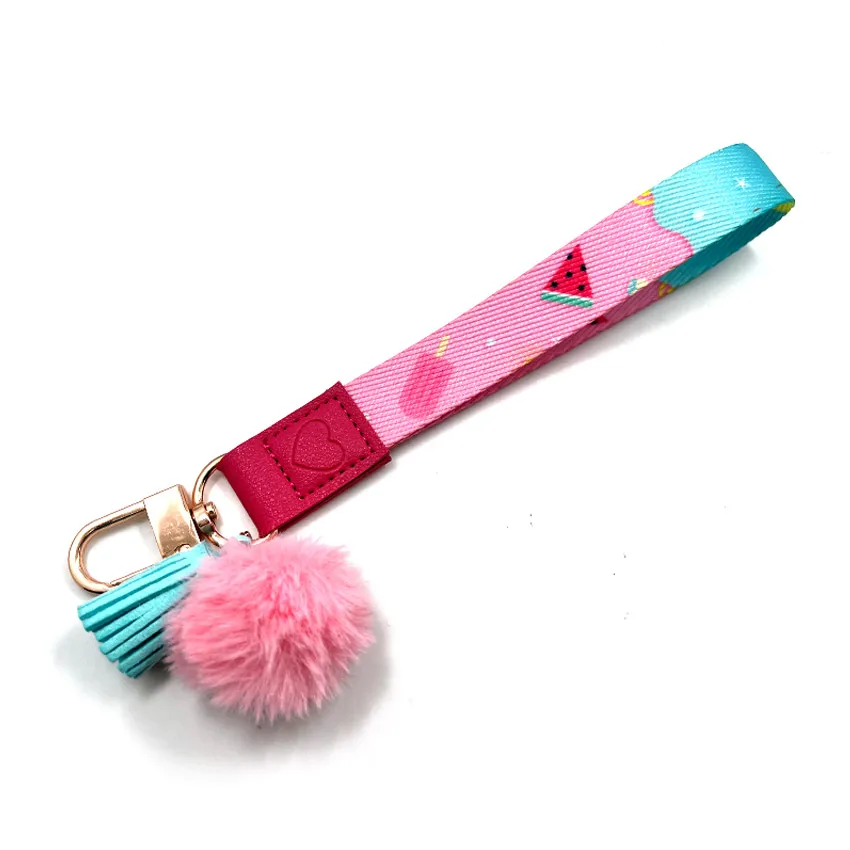 Оптовая продажа, милый брелок из полиэстера с меховым шариком, с логотипом на заказ