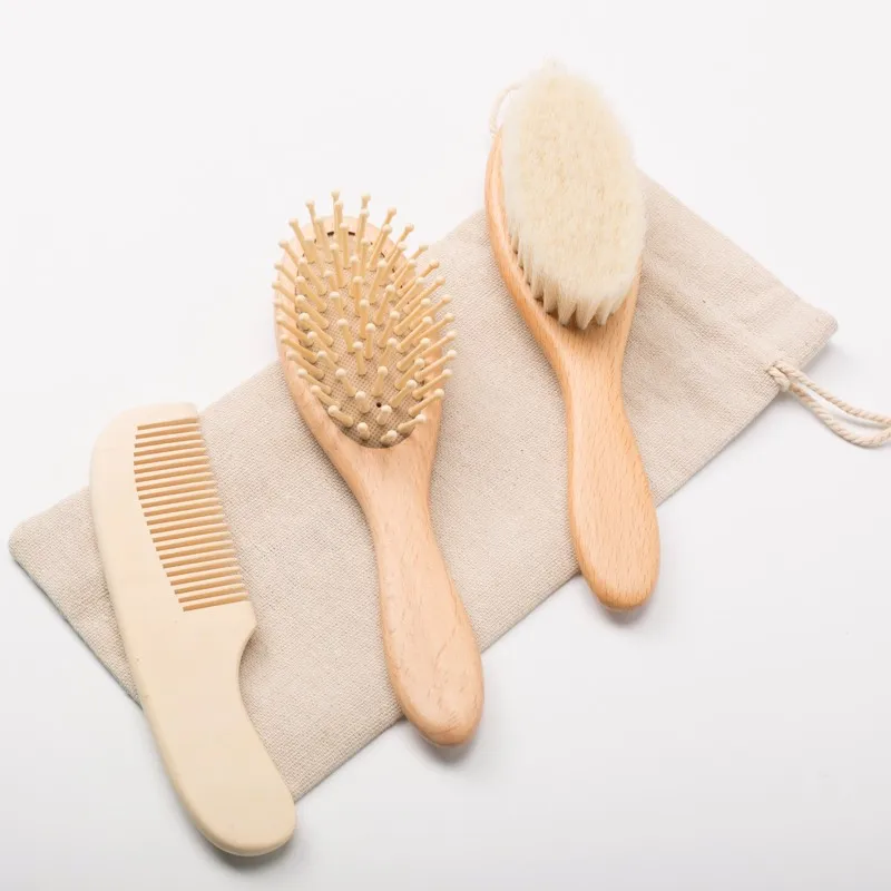 wholesale baby hair brush and comb set for newborns kids brush 100% soft goat hair  baby brush eco-friendly custom logo