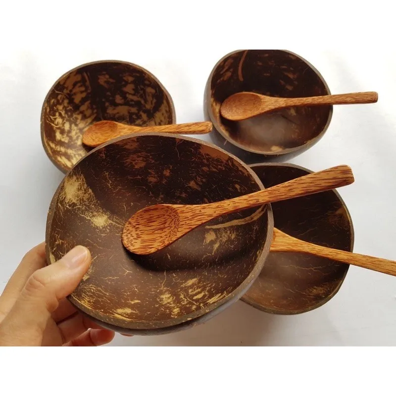  Высококачественный набор чаши из натуральной кокосовой ракушки с ложкой и вилкой индивидуальной гравировкой логотипа (LAQUEDE CRAFT)