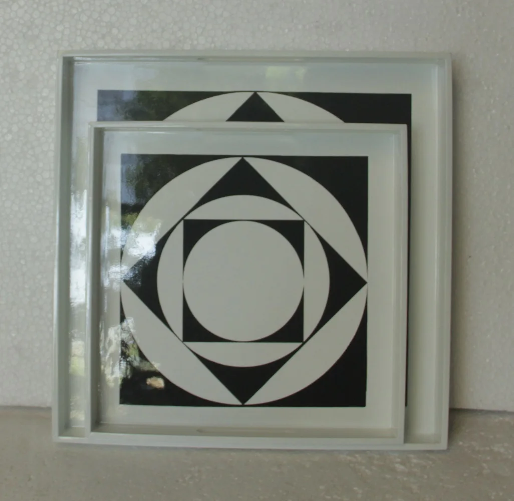 Europe Handicraft Nautical Set of 2 Square Lacquer Trays with Handles in White & Silver Finishing