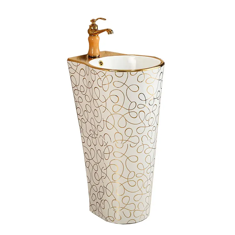 Chinese European Design Bathroom sinks Wash Basin Stand on-piece Pedestal golden color Basin