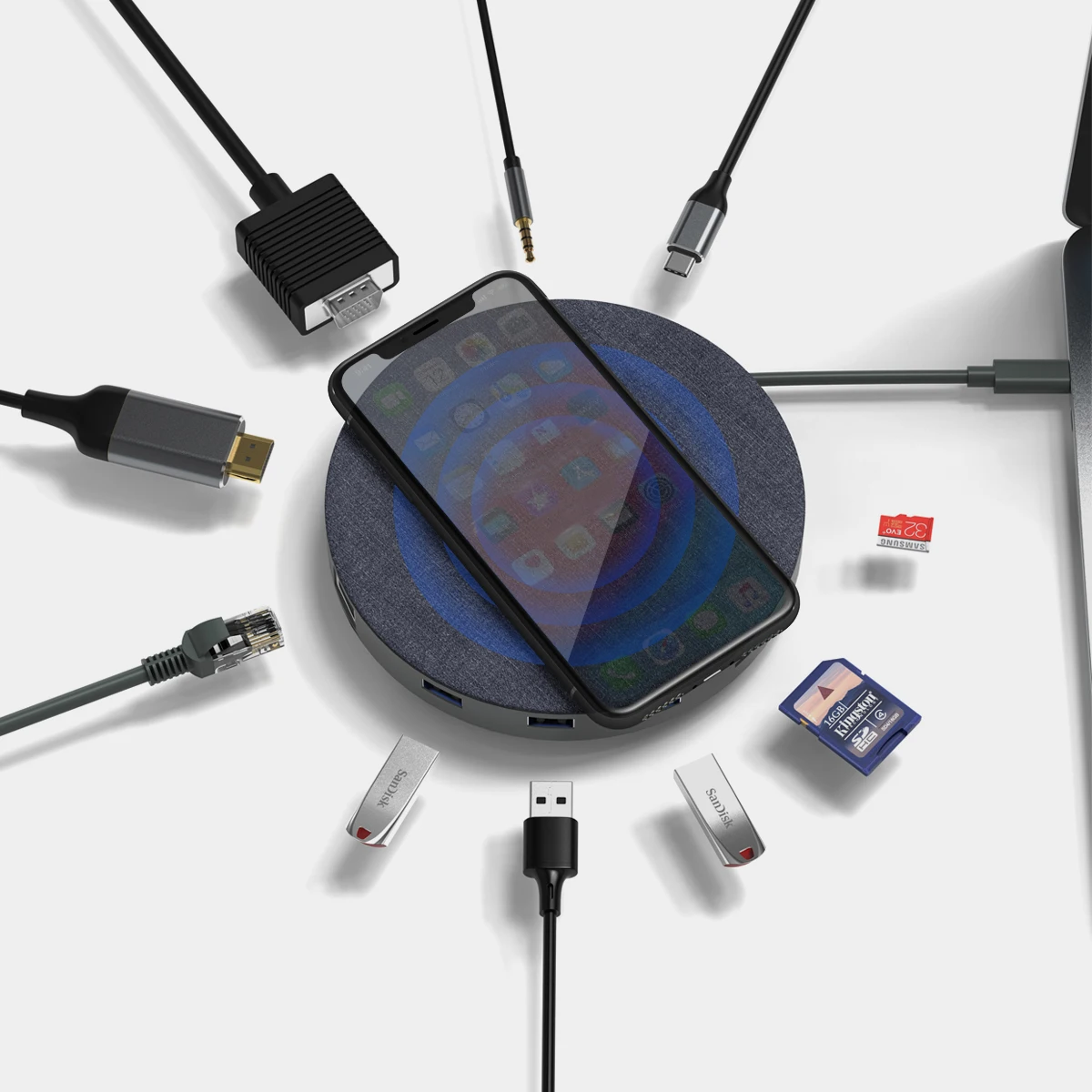 
5W 7.5W 10W fast charging wireless charging station with 11 in 1 usb c hub function 