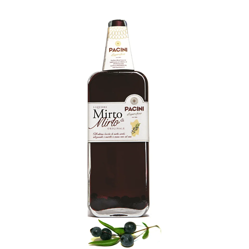 Premium Italian Quality PACINI LIQUEUR Red Myrtle 70 cl bottle with wild myrtle berries inside the for