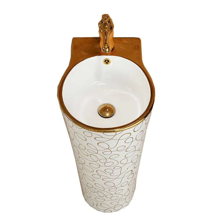 Chinese European Design Bathroom sinks Wash Basin Stand on-piece Pedestal golden color Basin