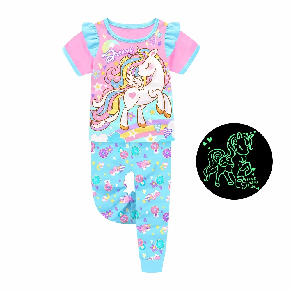 2 PCs Designer Children Girls princess Nightwear Sleep Wear glow in the dark kids pajamas