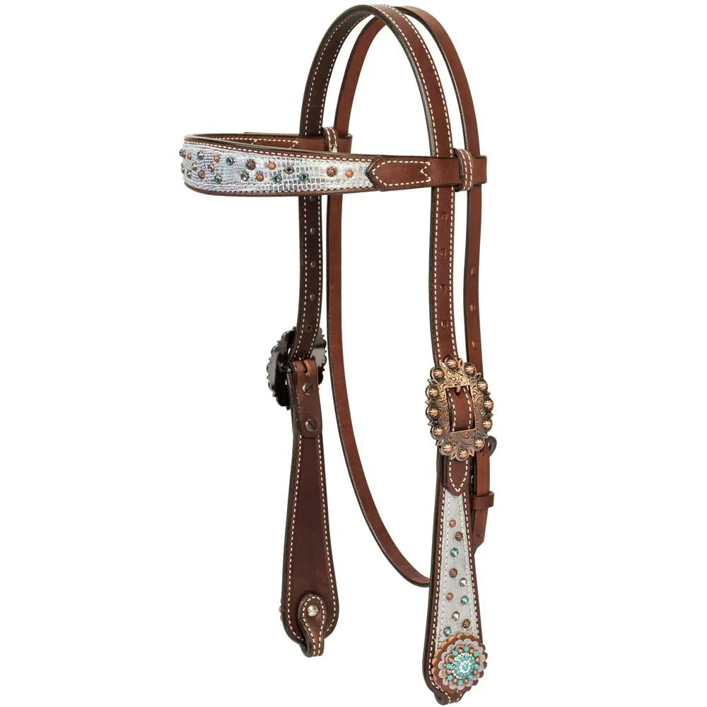 Most Popular Brown White Horse Leather Crystal Headstall with Fancy Buckle and colorful Crystals Conchos