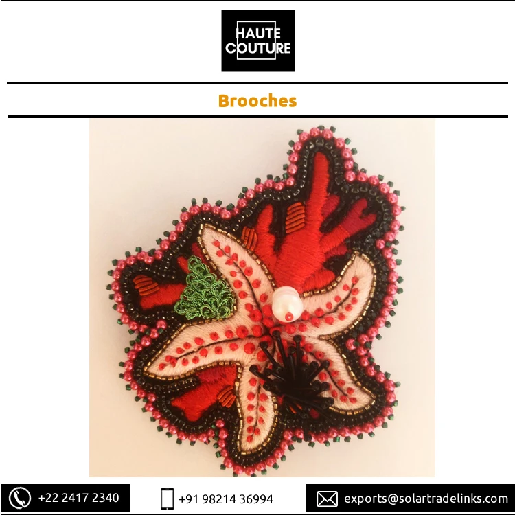 Custom Brand 9 cms Bullion Kora Silk Thread Embroidered Handmade Miyuki Beads Made Starfish Coral Brooches at Bulk Price