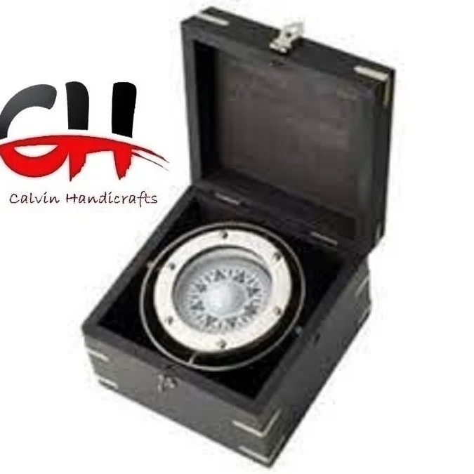 Nickel Plated Gimbaled Brass Compass with Wood Box