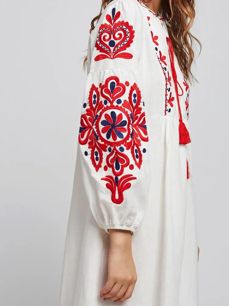 Women Long Ukrainian Dress Embroidered Loose Drawstring Robe Ethnic Ukraine Dress Dubai Ethnic Style Casual High Waist Dress