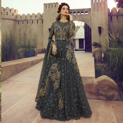 Designer party wear silk net wedding wear linen embroidered and stone work Indian ladies wear new collection anarkali style full