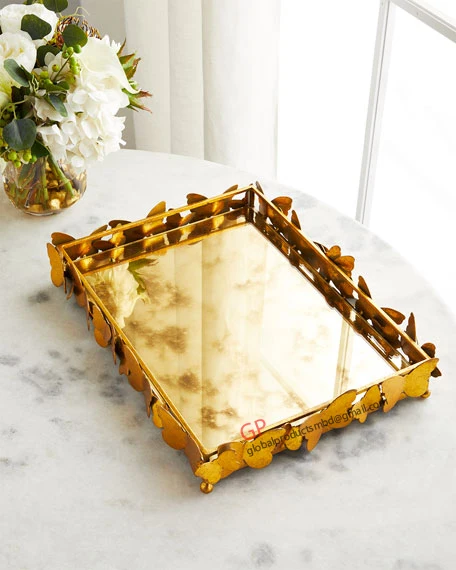 fancy glass tray serving tray round shape with brass border