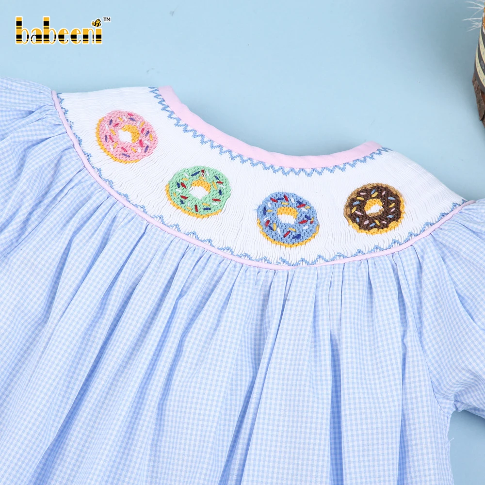 Smocked Donut Baby Blue Gingham Dress - BB1945 Children Short Sleeve Plaid Casual Long ODM 100% Cotton Puff Sleeve Girls Spring
