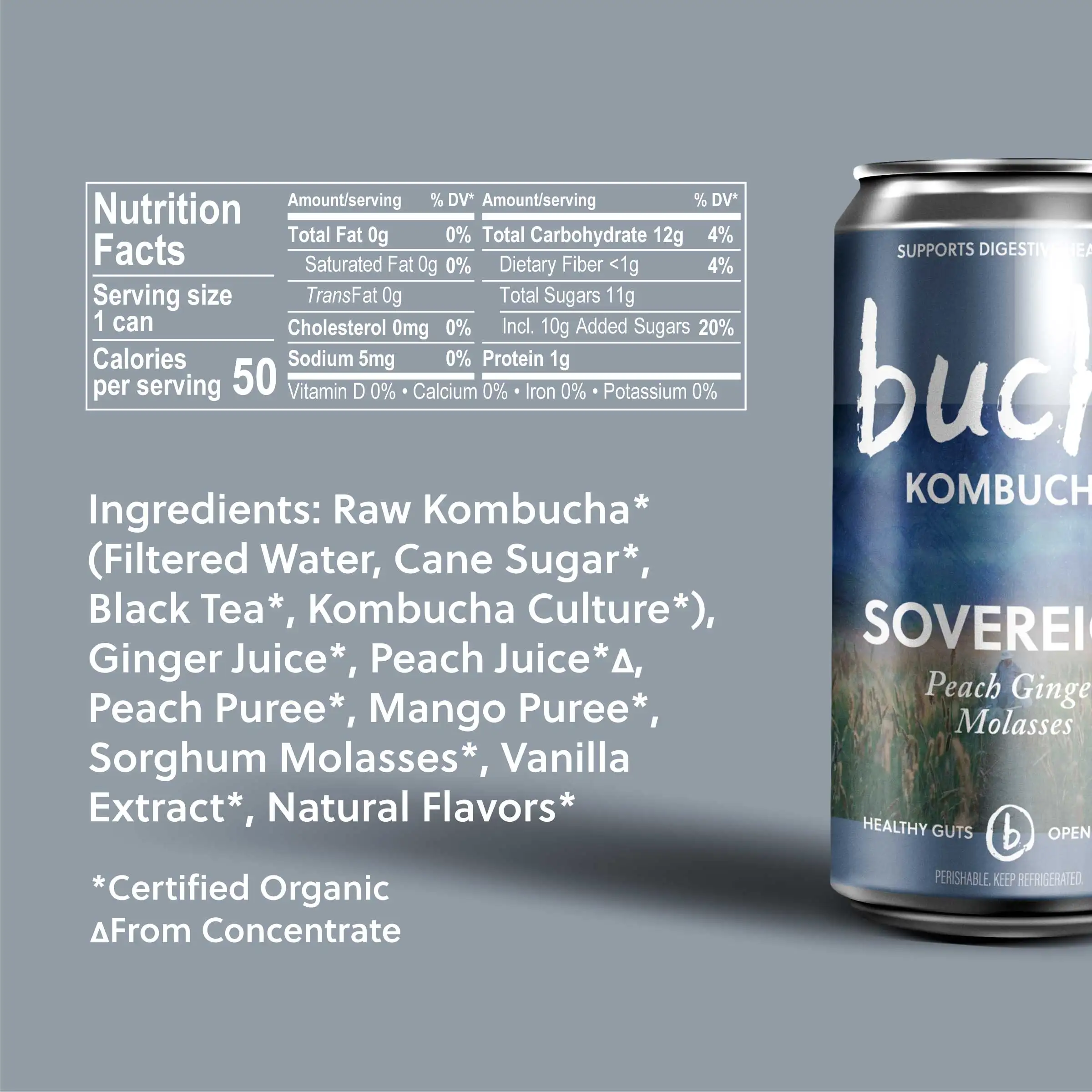 Buchi Kombucha 12/8oz Sovereign Peach Ginger Molasses Organic Kombucha Can Premium Quality