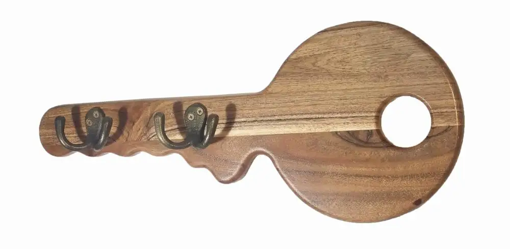 Wooden Wall Mounted Key Shape Key Holder 35X15X4 CMS House Entryway Shelf Acacia Wood Wall Key Storage Holder 2 Metal Key Hooks