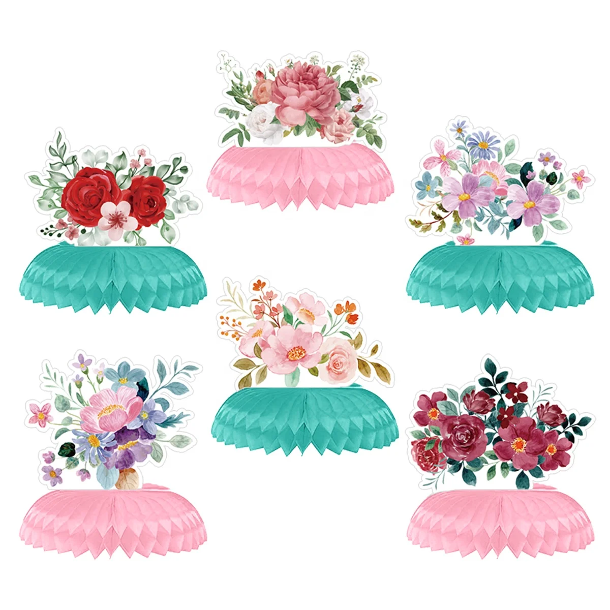 6PCS DIY Flower Theme Paper Honeycomb Table Centerpieces Decoration for Holiday Festival Wedding Birthday 1st Party